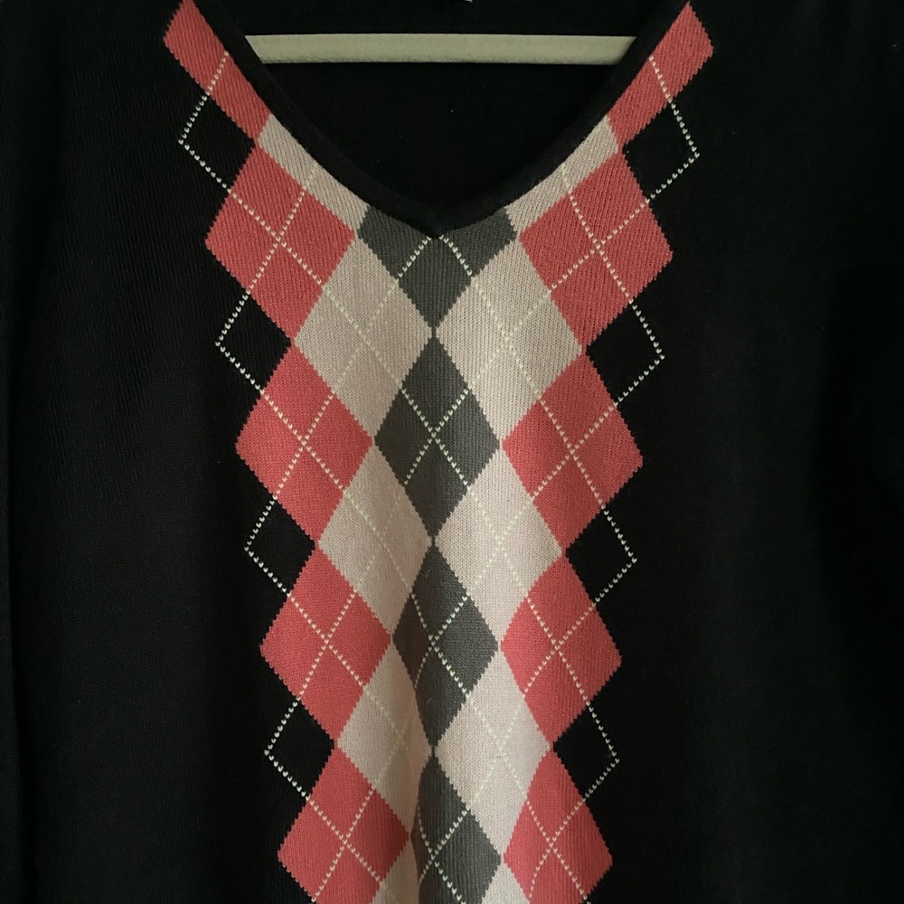 Y2K Argyle Black Pink V-Neck Sweater Barbiecore Schoolgirl Preppy Academia Sz PL - Picture 3 of 8